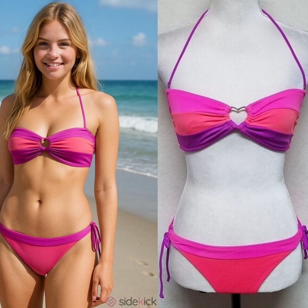 Black Poppy Pink Colorblock Halter Bandeau Low Rise Side-Tie Bikini M-L